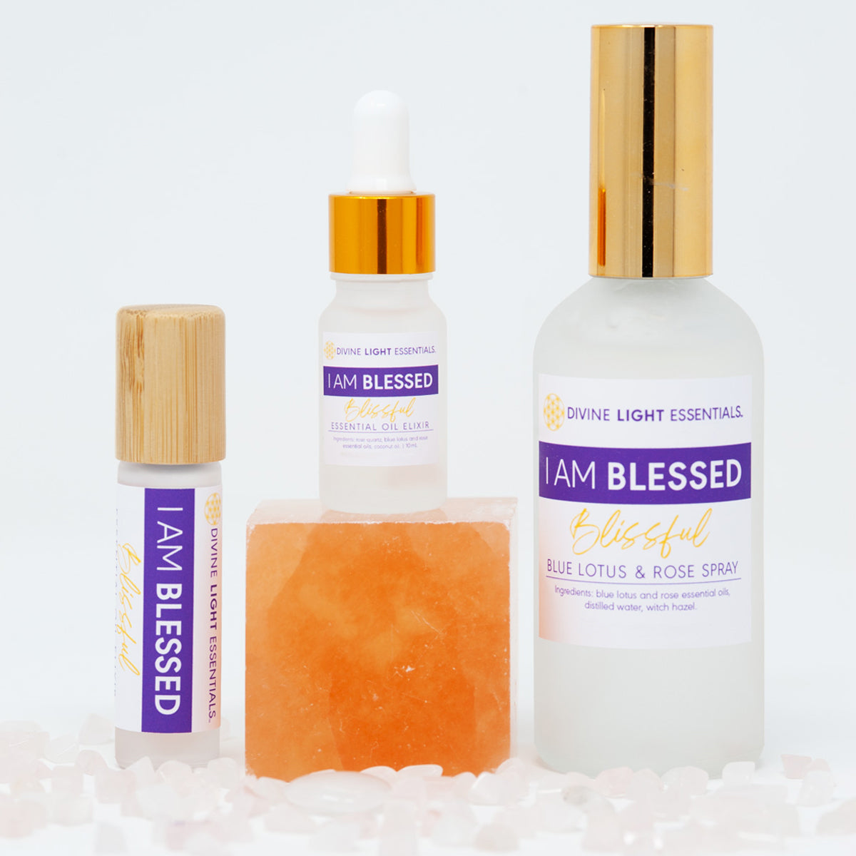 I Am Blessed Trio Set - Blue Lotus and Rose Flower Elixir - Roller Bottle, Drops and Body Spray