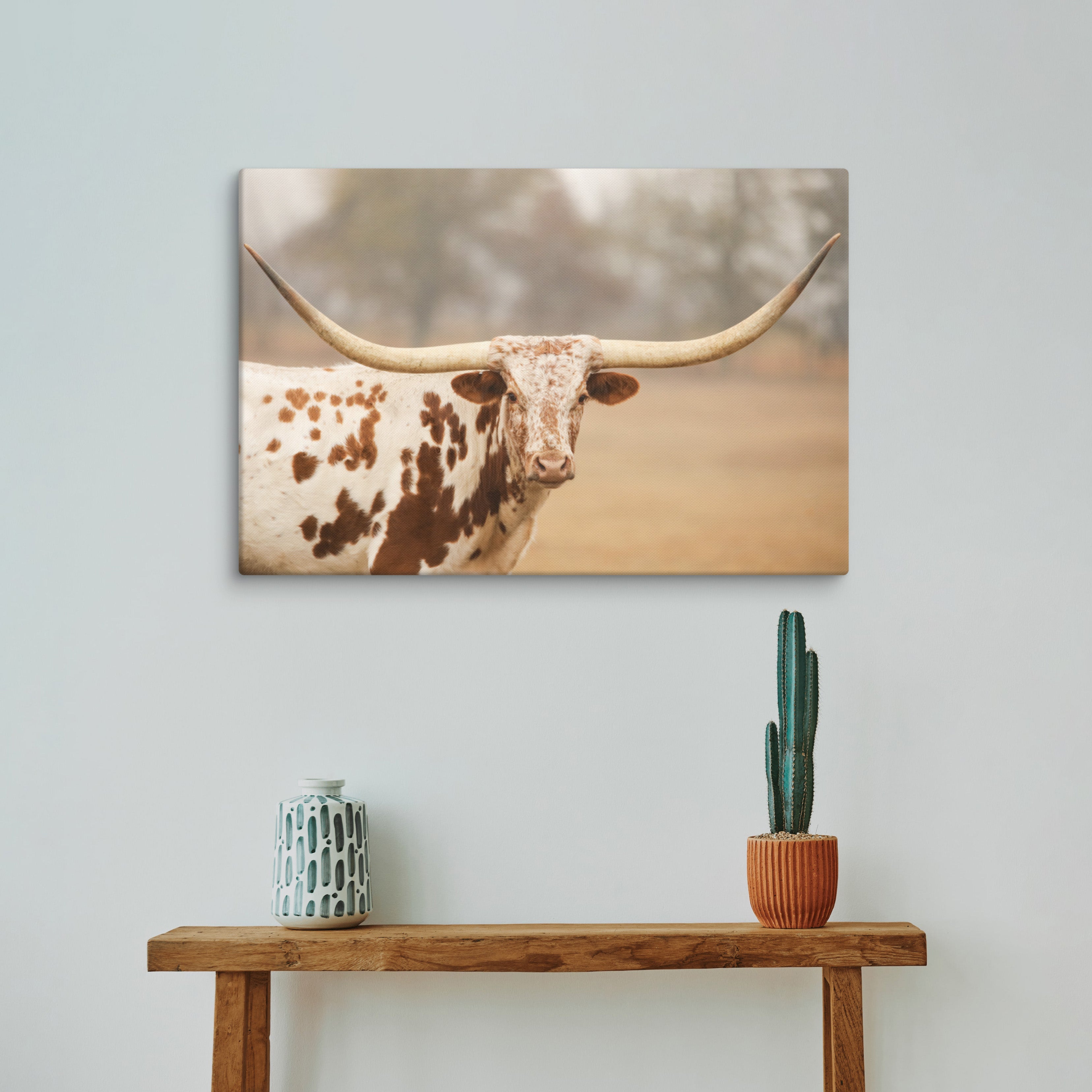 Red and White Longhorn Cow Canvas Wall Art
