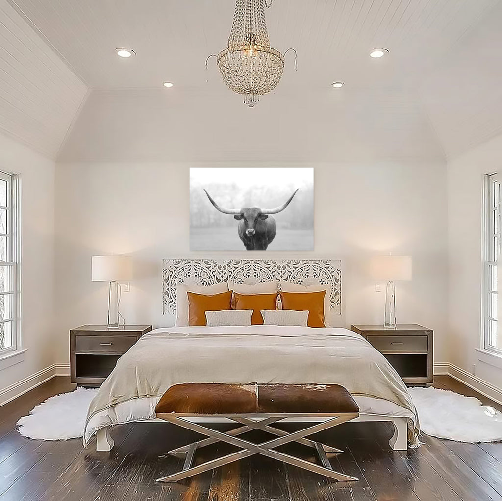 Longhorn Cow Canvas Wall Art, Black and White Cattle Farmhouse Decor