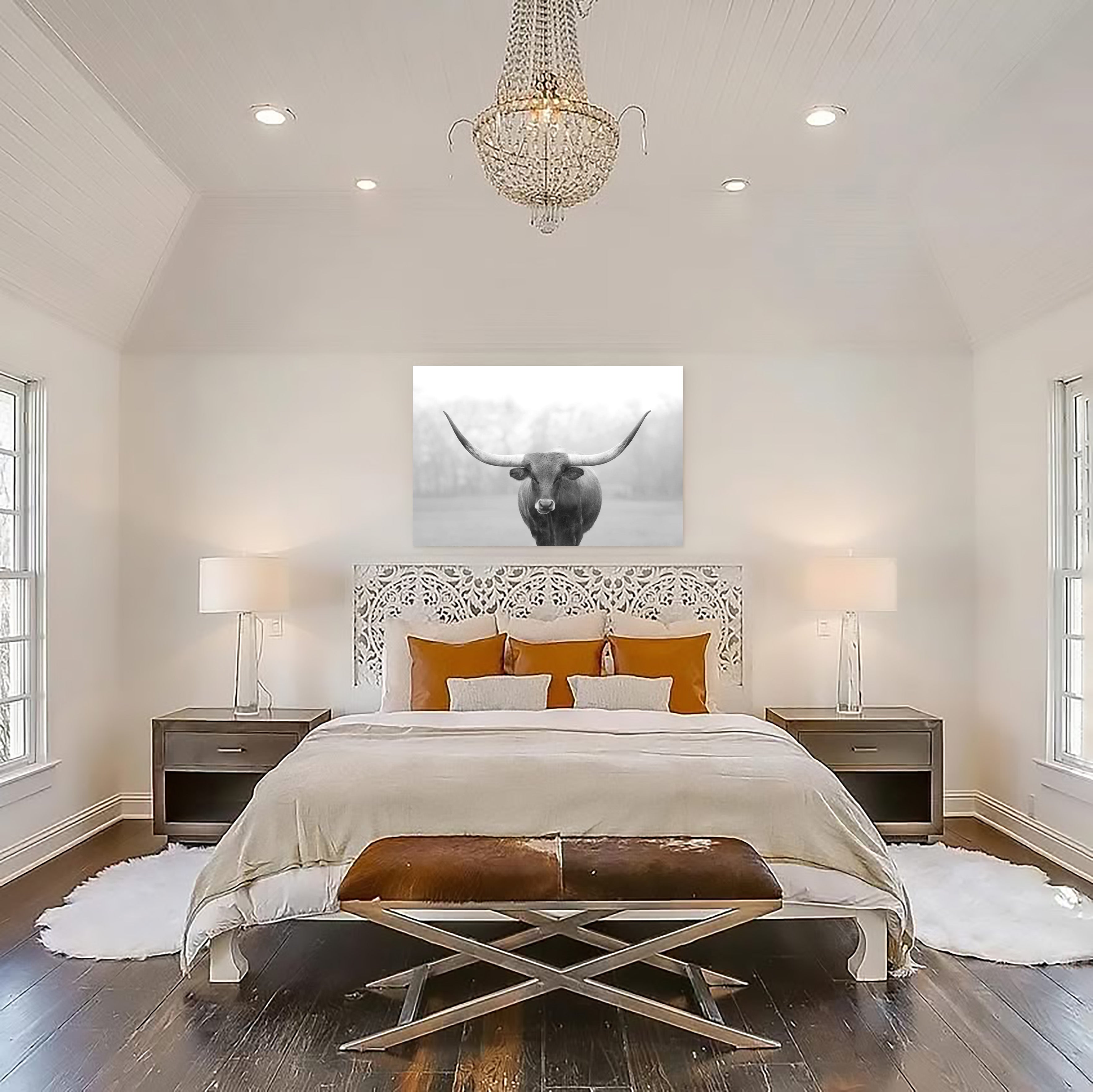Longhorn Cow Canvas Wall Art, Black and White Cattle Farmhouse Decor